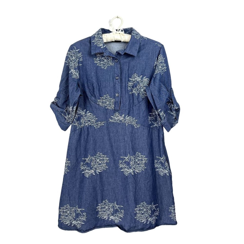 Embroidered Floral Jean Dress Roll Tab Sleeves Nina Leonard Size 10 M